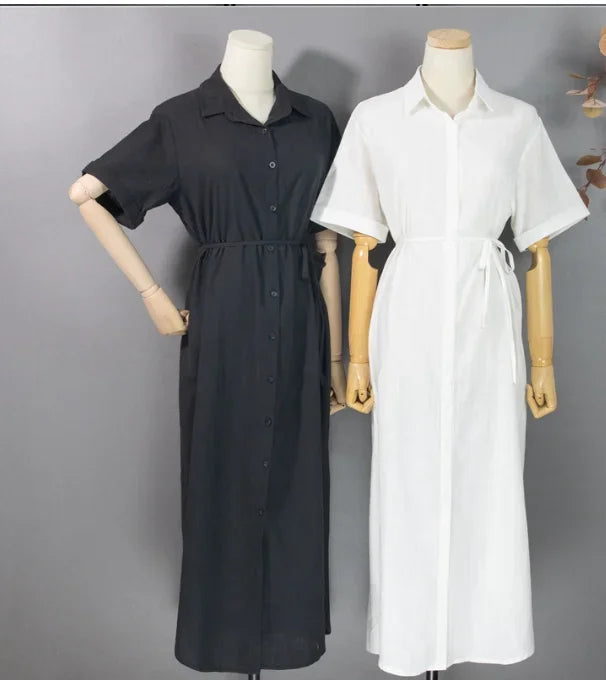 Cotton Linen Women Long Dresses Female New Fashion Loose Clothes Ladies Short Sleeve Turn down Collar Commuting Loose Cardigan