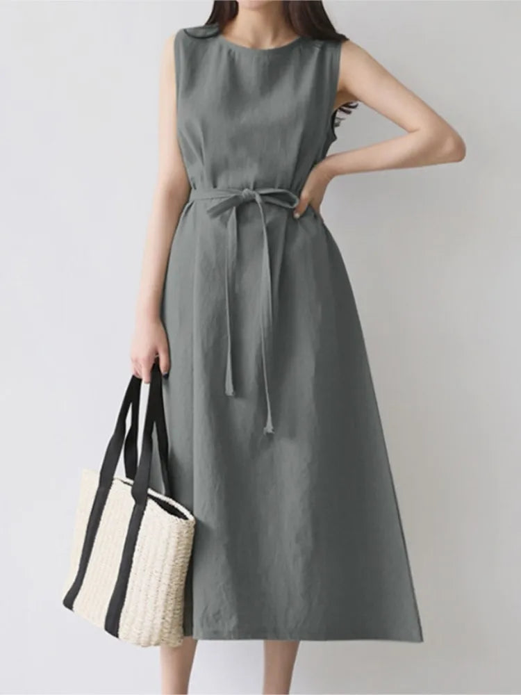 Beige Cotton Linen Belted Long Sleeveless Dress