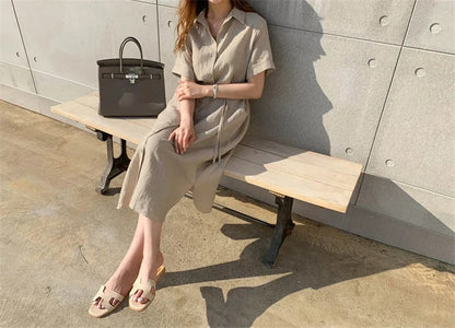 Cotton Linen Women Long Dresses Female New Fashion Loose Clothes Ladies Short Sleeve Turn down Collar Commuting Loose Cardigan