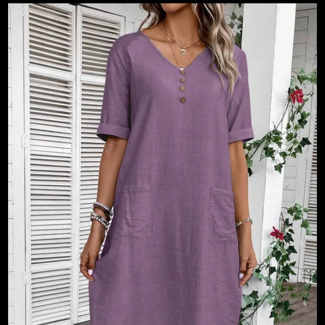 Cotton Linen Casual Women's Dresses 2026 Spring/Summer Holiday Short Sleeve Solid V-neck pokect Large Swing Loose Dress