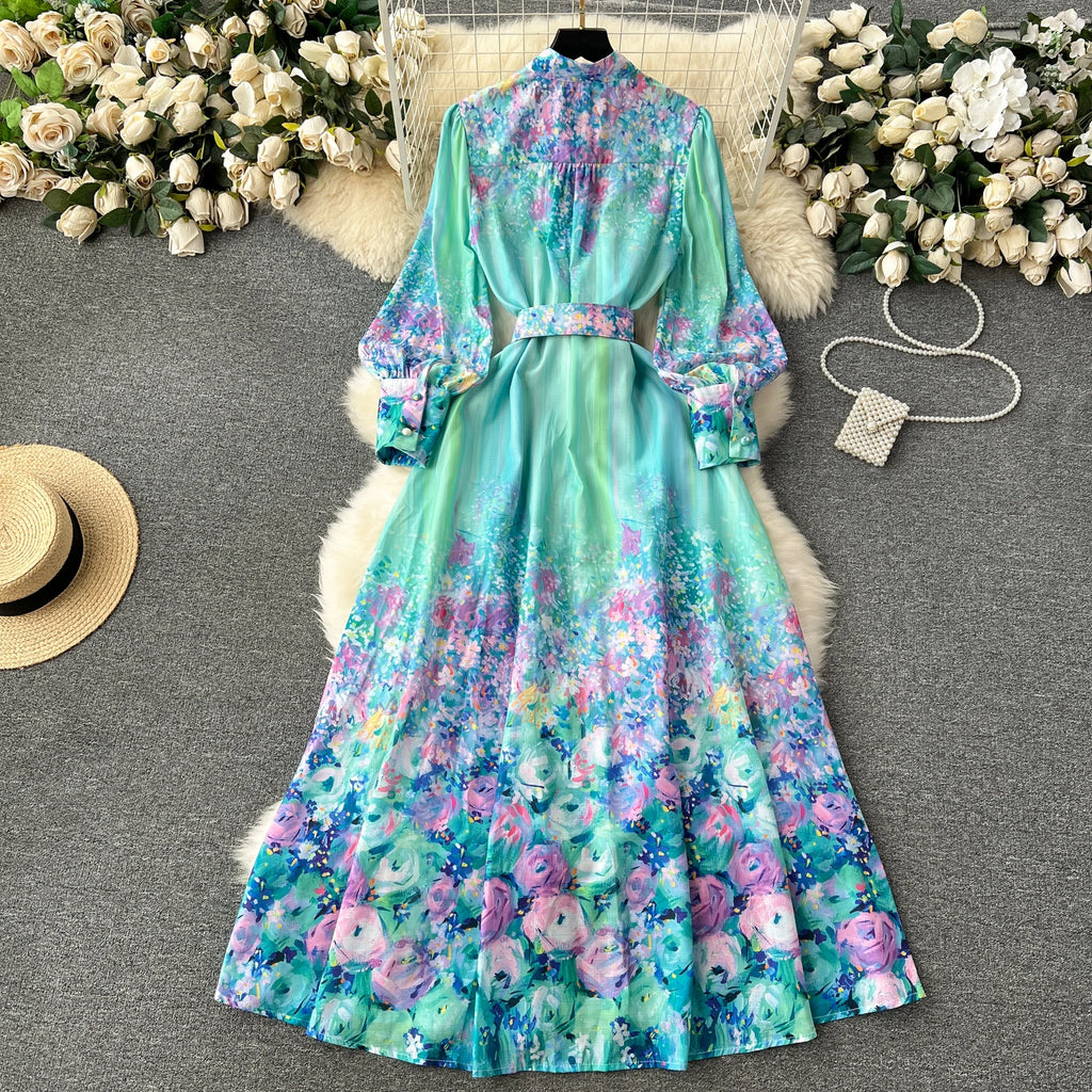 French Style Retro Fresh Print Chiffon Dress 2024 New Loose Elegant Slim Robe Stand Collar Single Breasted Long Sleeve Ropa