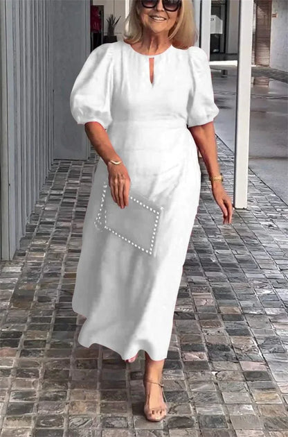Women New Hollow Out O Neck Pullover Dresses Female Loose Casual Commuter Solid Color Gown Summer Bubble Short Sleeve Dress