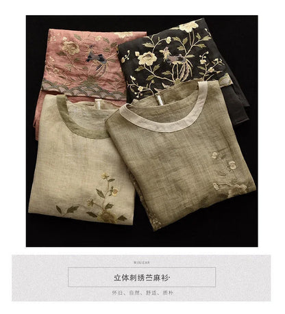 Cotton Linen Blouse Floral Print Womens Tops Spring Summer Literary Retro Embroidery Top Casual Contrast Round Neck Blouses