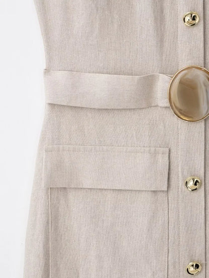 Elegant Linen Blend Belted Sleeveless Midi Dress