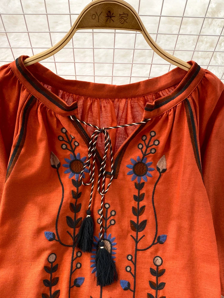Women Spring Blouse Ethnic Style Retro Literature Loose Embroidered Cotton Linen Round Neck Pullover Shirt Casual Top D3549