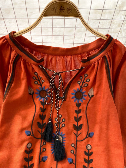 Women Spring Blouse Ethnic Style Retro Literature Loose Embroidered Cotton Linen Round Neck Pullover Shirt Casual Top D3549