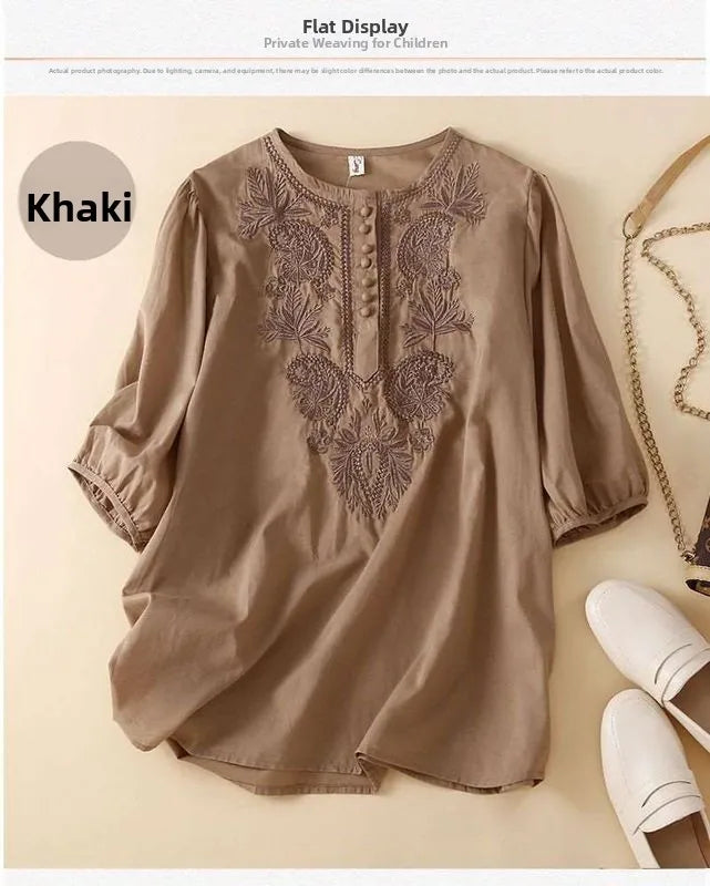 Summer New Artistic Retro Loose Design Embroidered Cleanfit round Ne ort Sve Ladies T-irt Linen Fabric Plant Floral