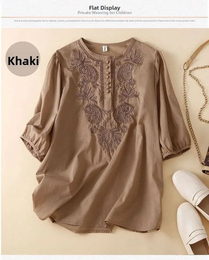 Summer New Artistic Retro Loose Design Embroidered Cleanfit round Ne ort Sve Ladies T-irt Linen Fabric Plant Floral