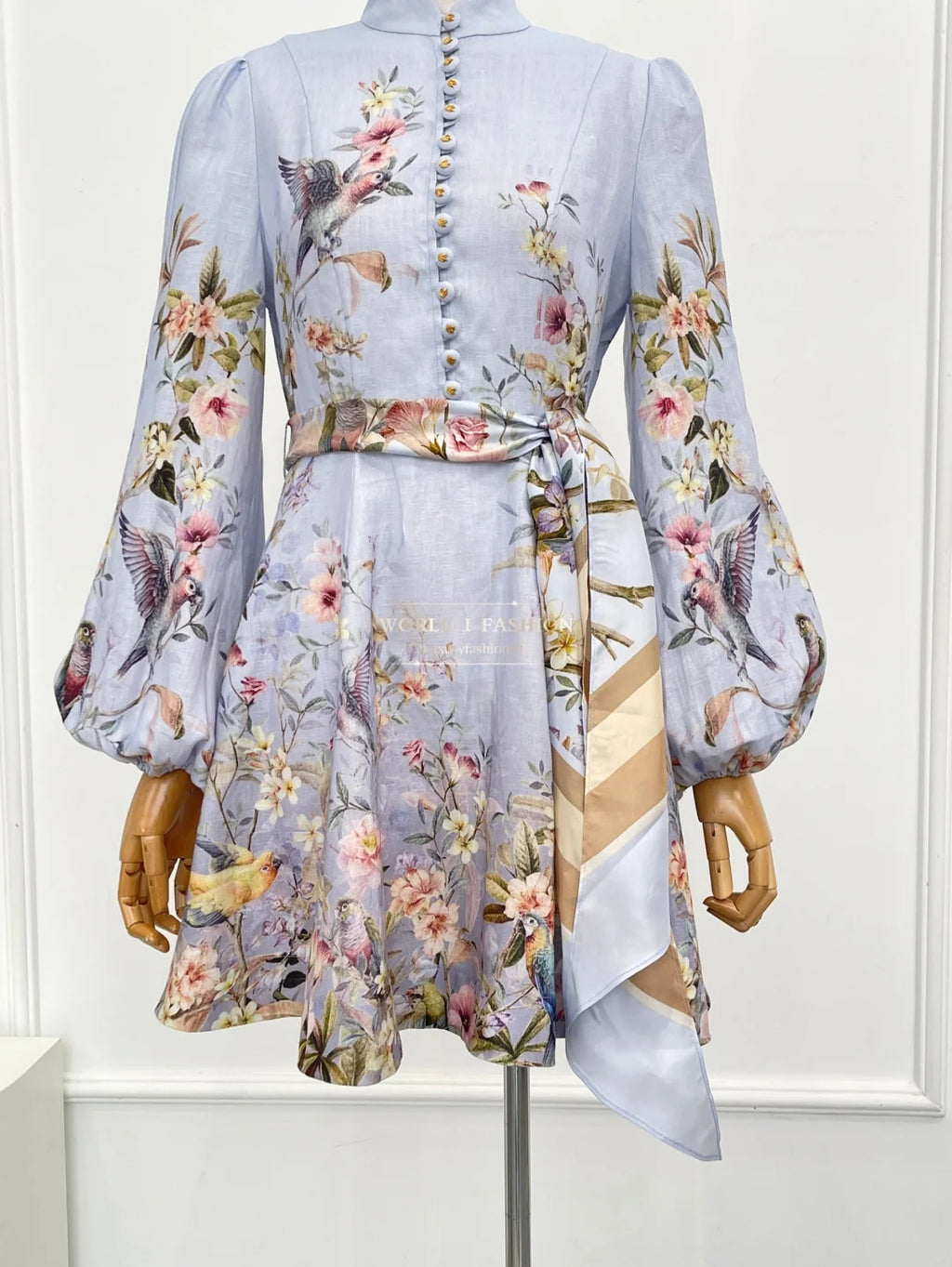 Linen Women Clothes Hight Quality Blue Floral Print Long Sleeve Self Bow Tie At Waist Mini Dress