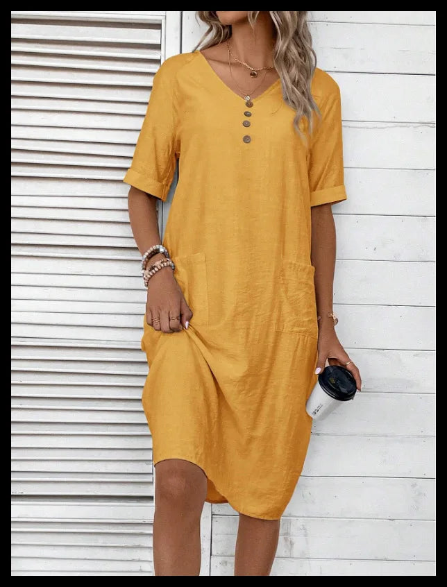 Cotton Linen Casual Women's Dresses 2026 Spring/Summer Holiday Short Sleeve Solid V-neck pokect Large Swing Loose Dress