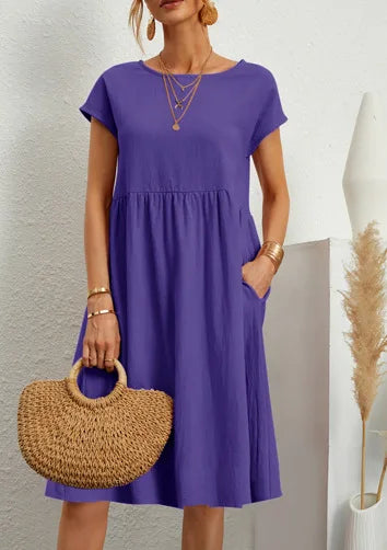 Cotton Linen Dress For Women Summer Casual Splicing Pocket Dresses Vestido Fashion Female Clothing Short Sleeve Loose Midi Dress