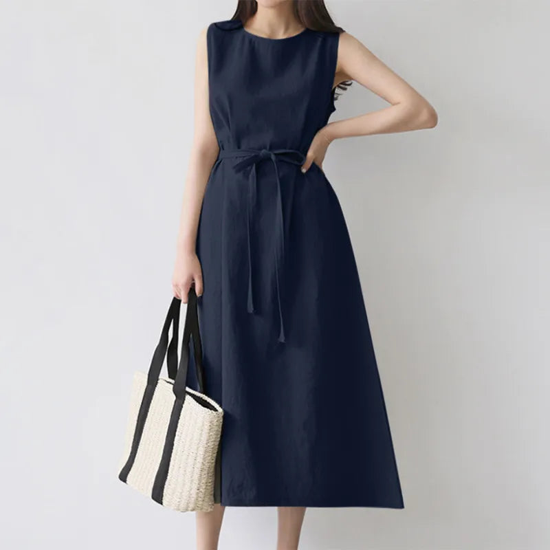 Beige Cotton Linen Belted Long Sleeveless Dress