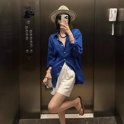 French linen long-sleeved shirt for women, summer thin loose cover-up sun protection top