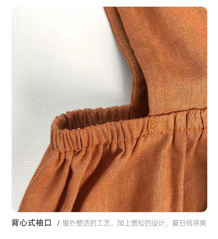 Linen Sleeveless Vest Dress Girls 2026 Summer New Cute Sunshine Baby Girl Dress Waist Pleated Round Neck Cotton Linen Dresses