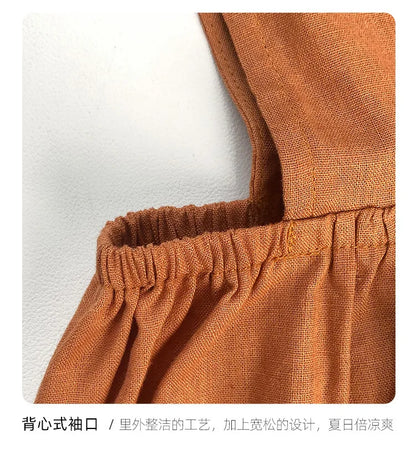 Linen Sleeveless Vest Dress Girls 2026 Summer New Cute Sunshine Baby Girl Dress Waist Pleated Round Neck Cotton Linen Dresses