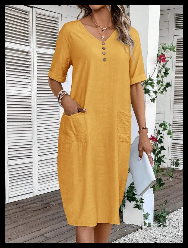 Cotton Linen Casual Women's Dresses 2026 Spring/Summer Holiday Short Sleeve Solid V-neck pokect Large Swing Loose Dress