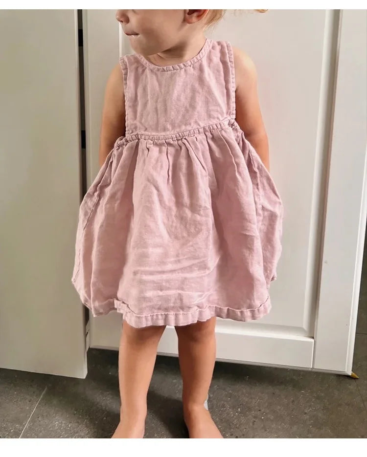 Linen Sleeveless Vest Dress Girls 2026 Summer New Cute Sunshine Baby Girl Dress Waist Pleated Round Neck Cotton Linen Dresses