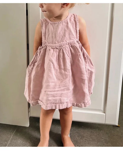 Linen Sleeveless Vest Dress Girls 2026 Summer New Cute Sunshine Baby Girl Dress Waist Pleated Round Neck Cotton Linen Dresses