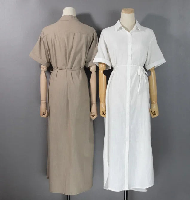 Cotton Linen Women Long Dresses Female New Fashion Loose Clothes Ladies Short Sleeve Turn down Collar Commuting Loose Cardigan