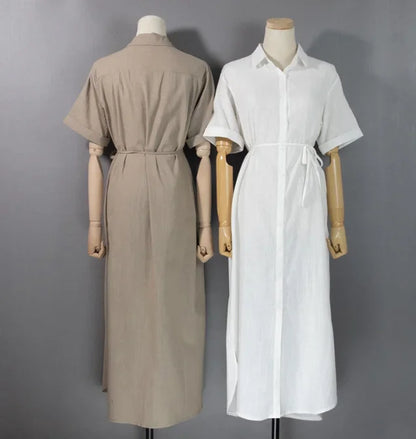 Cotton Linen Women Long Dresses Female New Fashion Loose Clothes Ladies Short Sleeve Turn down Collar Commuting Loose Cardigan