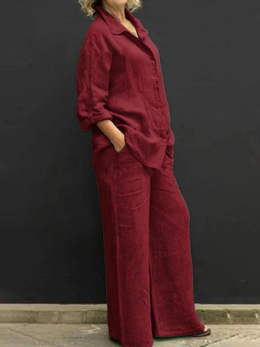 Linen Lapel Two Pieces Set Autumn Vintage Solid Color Long Sleeve Button Shirt Blouse Women Casual Loose Straight Pants Suits