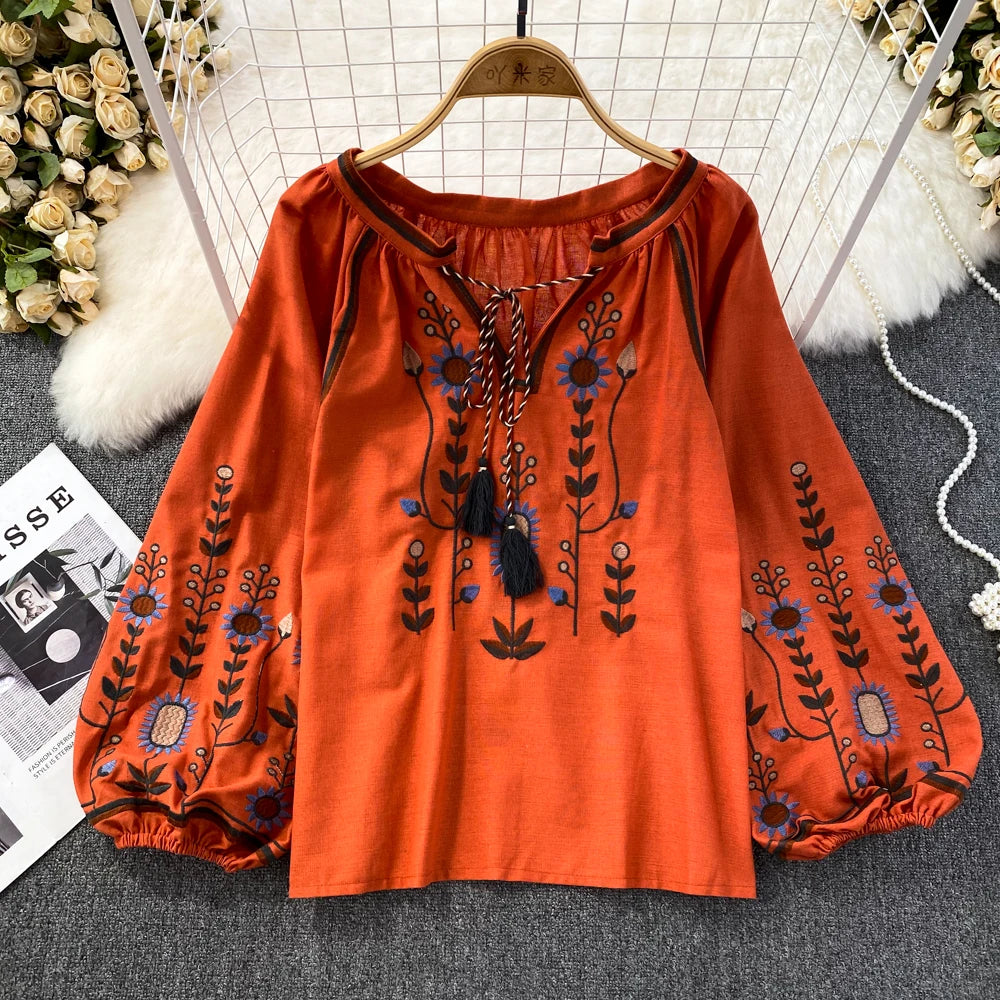 Women Spring Blouse Ethnic Style Retro Literature Loose Embroidered Cotton Linen Round Neck Pullover Shirt Casual Top D3549