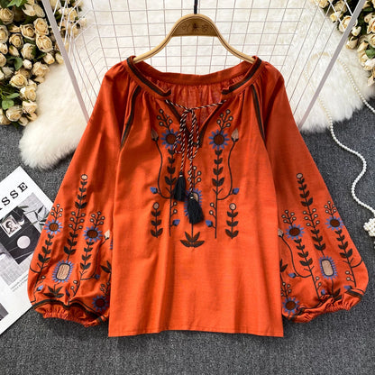 Women Spring Blouse Ethnic Style Retro Literature Loose Embroidered Cotton Linen Round Neck Pullover Shirt Casual Top D3549