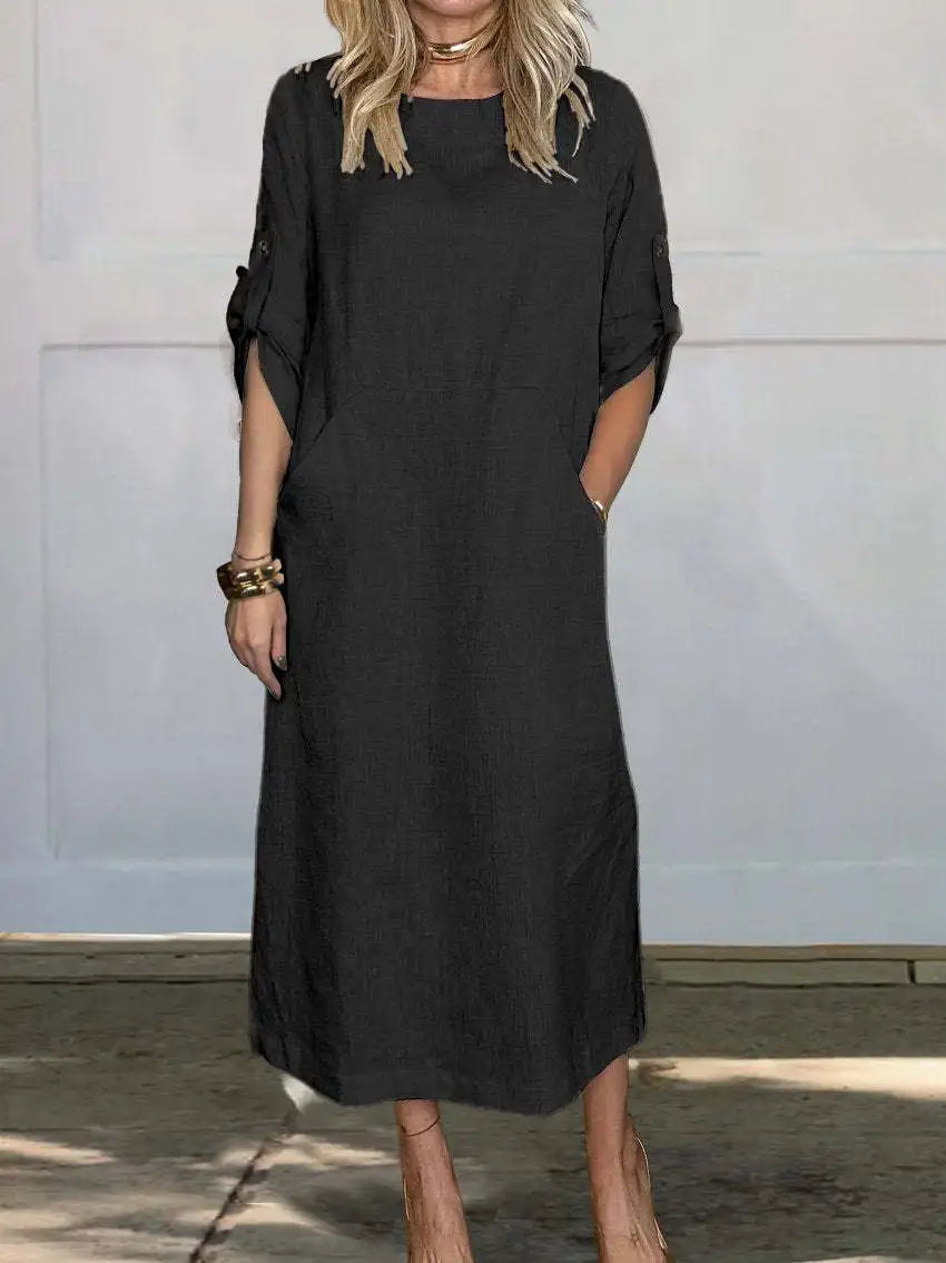 New Women's Clothing 2024 Summer Loose Casual Solid Color Short Sleeved Cotton Linen Fashionable Button With Pocket Dress