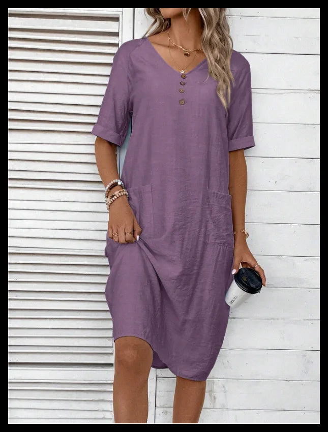 Cotton Linen Casual Women's Dresses 2026 Spring/Summer Holiday Short Sleeve Solid V-neck pokect Large Swing Loose Dress