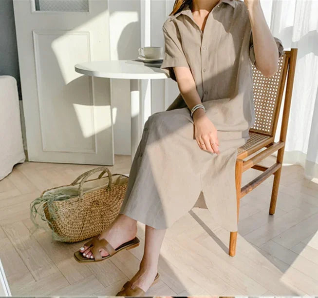 Cotton Linen Women Long Dresses Female New Fashion Loose Clothes Ladies Short Sleeve Turn down Collar Commuting Loose Cardigan