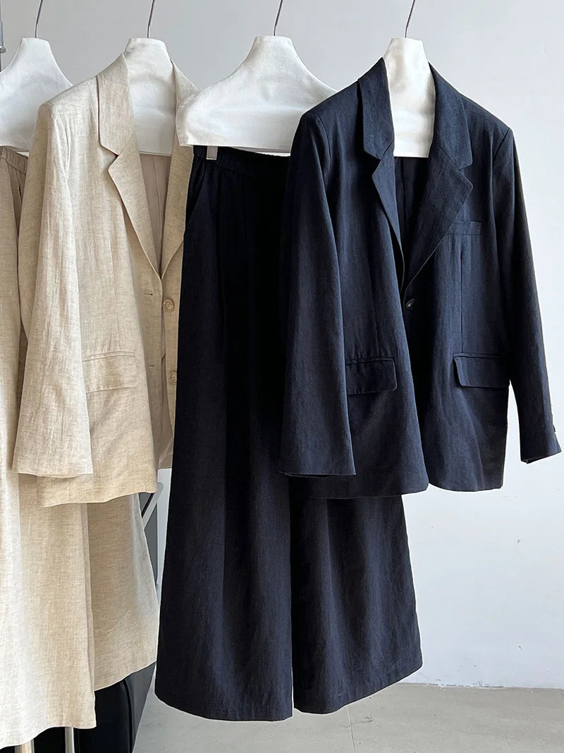 Linen Blazer For Women 2025 Spring Cotton-linen Suit + Pants Set Sold Separately