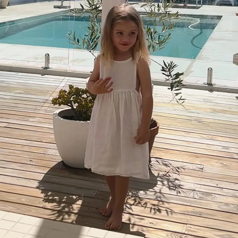 Linen Sleeveless Vest Dress Girls 2026 Summer New Cute Sunshine Baby Girl Dress Waist Pleated Round Neck Cotton Linen Dresses