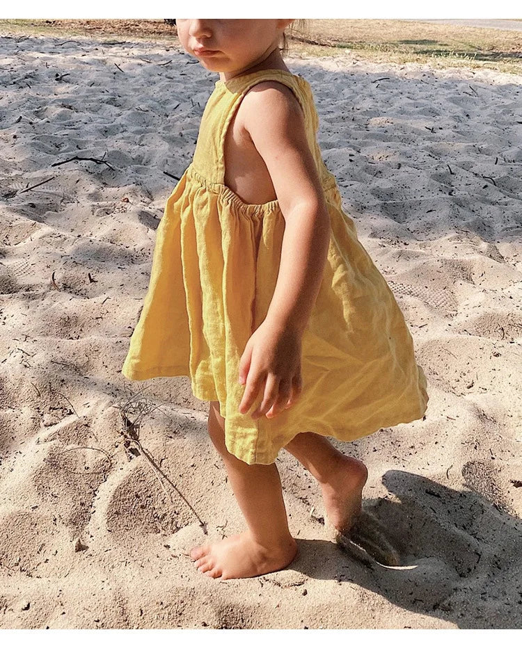 Linen Sleeveless Vest Dress Girls 2026 Summer New Cute Sunshine Baby Girl Dress Waist Pleated Round Neck Cotton Linen Dresses