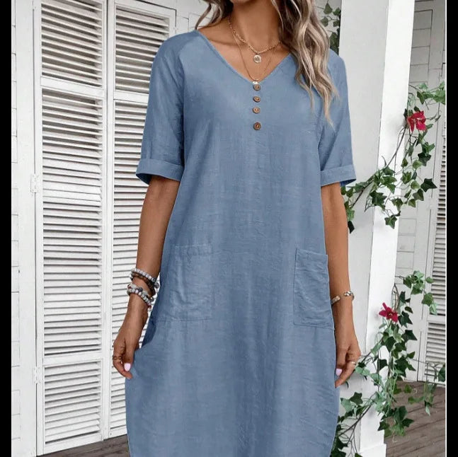 Cotton Linen Casual Women's Dresses 2026 Spring/Summer Holiday Short Sleeve Solid V-neck pokect Large Swing Loose Dress