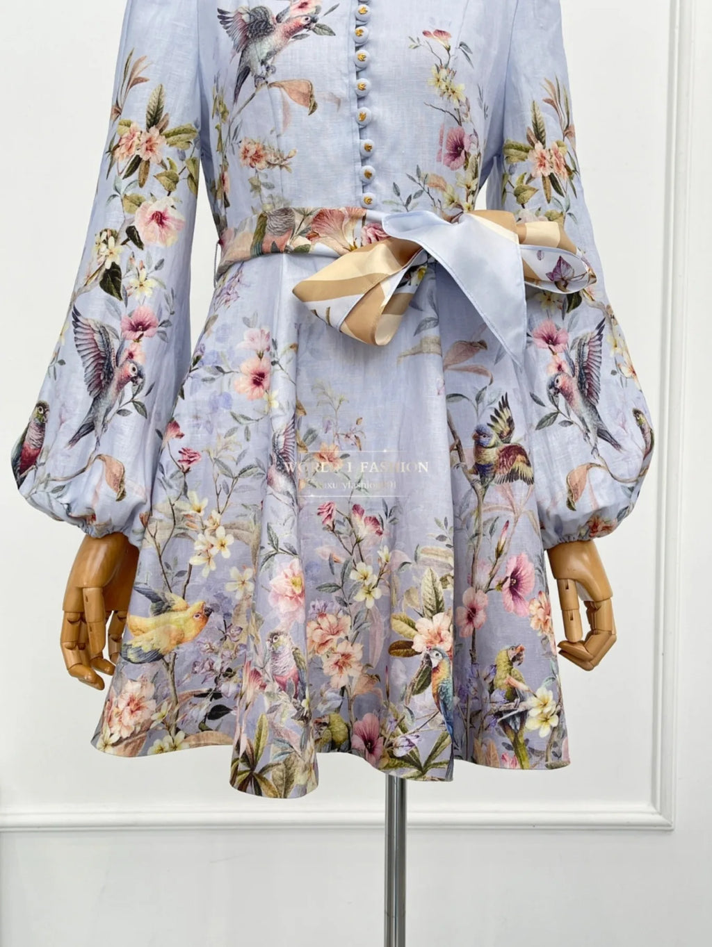 Linen Women Clothes Hight Quality Blue Floral Print Long Sleeve Self Bow Tie At Waist Mini Dress