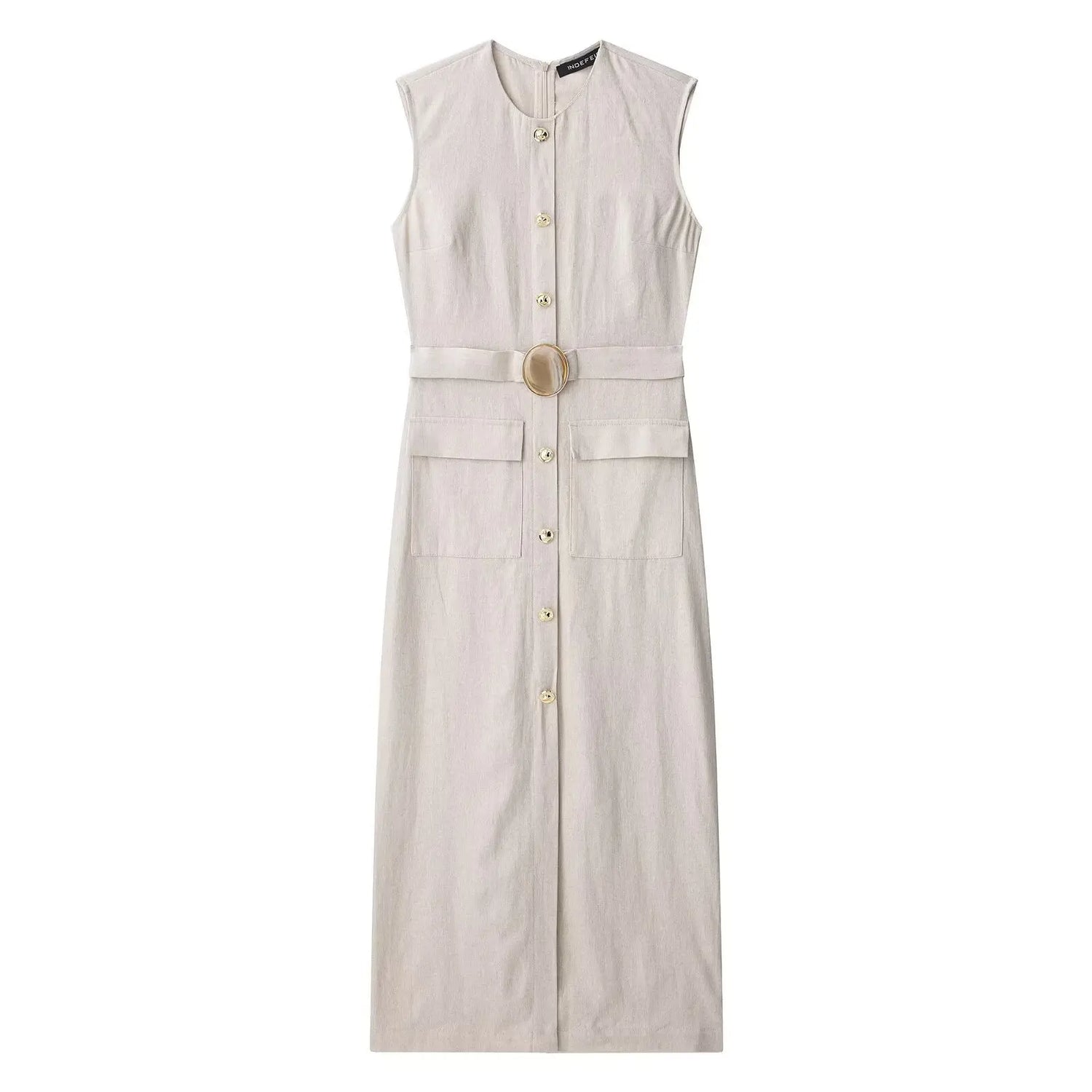 Elegant Linen Blend Belted Sleeveless Midi Dress