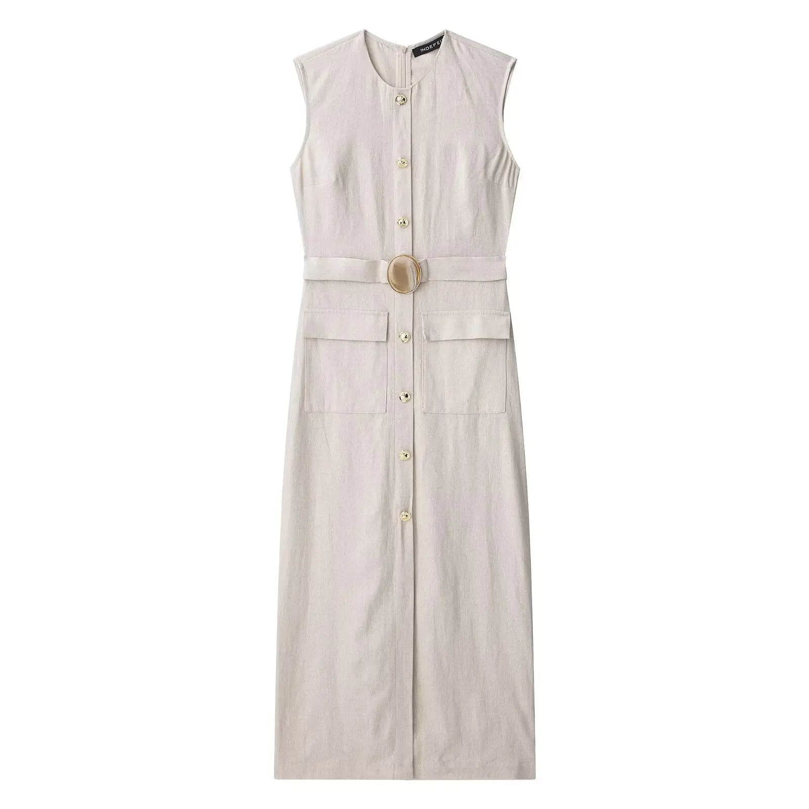 Elegant Linen Blend Belted Sleeveless Midi Dress