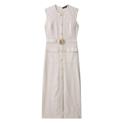 Elegant Linen Blend Belted Sleeveless Midi Dress