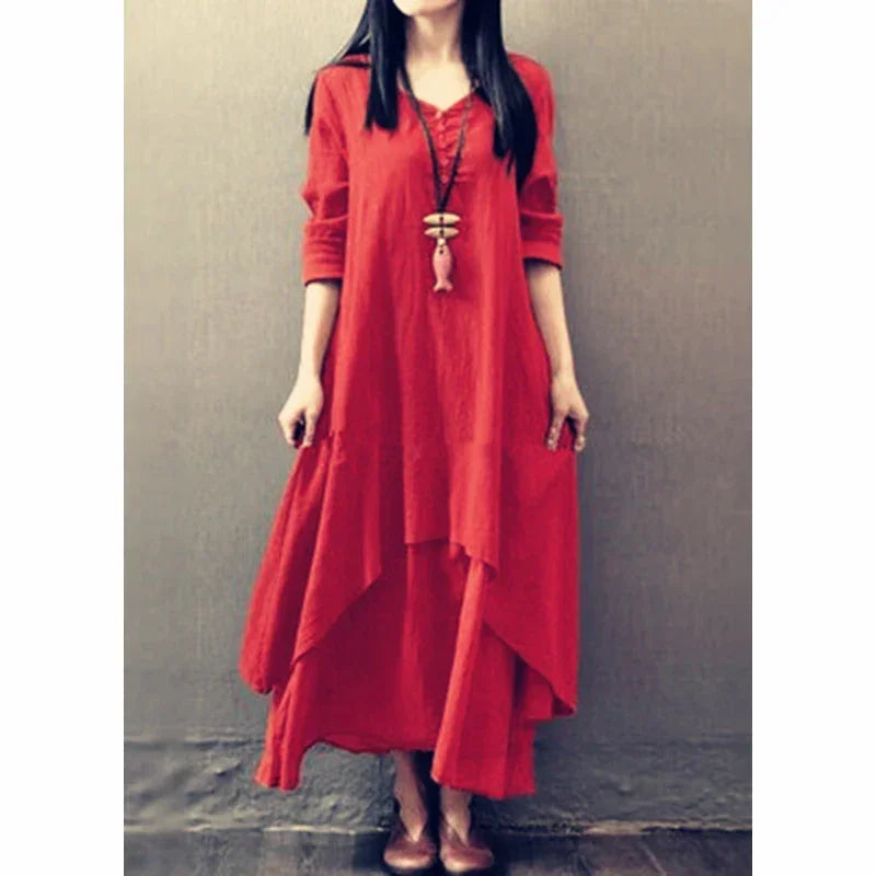 Spring Autumn New Women Elegant Dresses Bohemia Layering Vintage Robe Long Sleeve Loose Long Dress Female Cotton Hemp Skirt