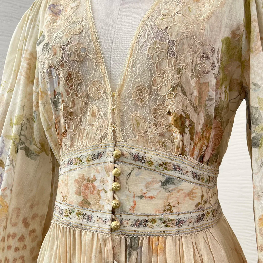 Re-tro 2026 Linen Silk Beige Floral Print Long Sleeve Dress
