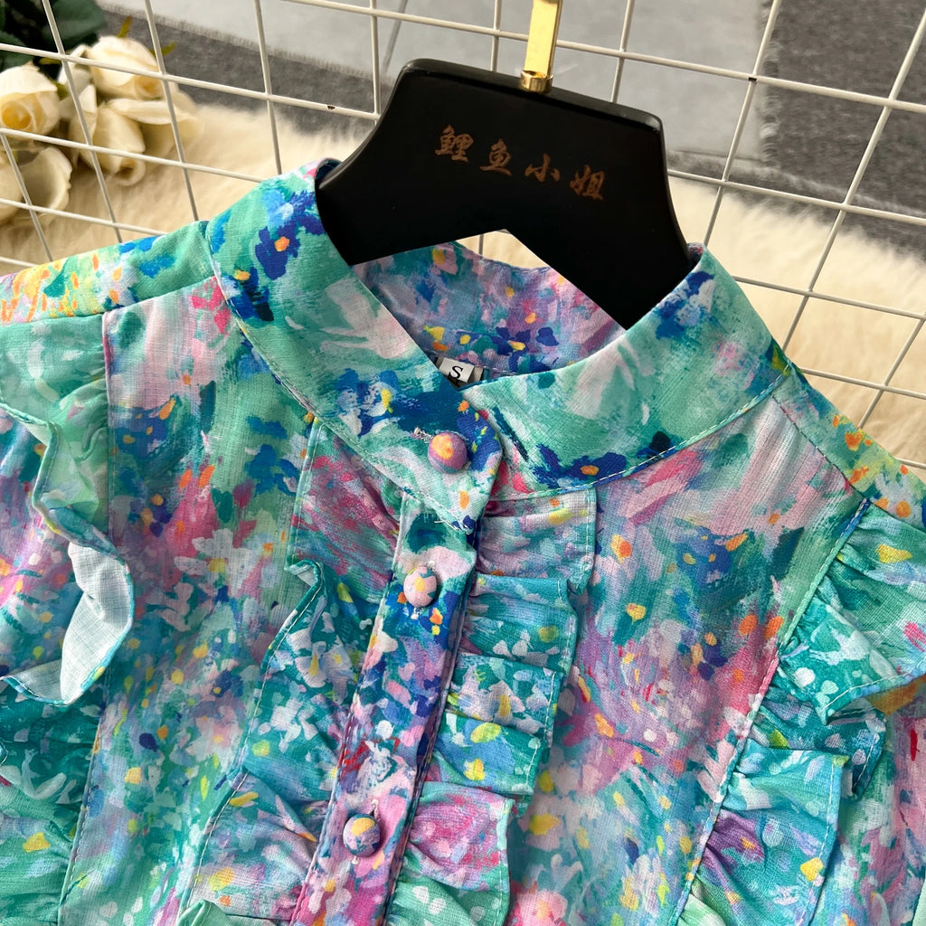 French Style Retro Fresh Print Chiffon Dress 2024 New Loose Elegant Slim Robe Stand Collar Single Breasted Long Sleeve Ropa