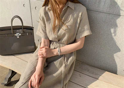 Cotton Linen Women Long Dresses Female New Fashion Loose Clothes Ladies Short Sleeve Turn down Collar Commuting Loose Cardigan