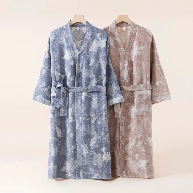 2025 Cotton and Linen Nightgown Thin Long Lace-up Bathrobe Casual Loose Women&