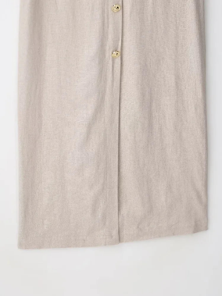 Elegant Linen Blend Belted Sleeveless Midi Dress