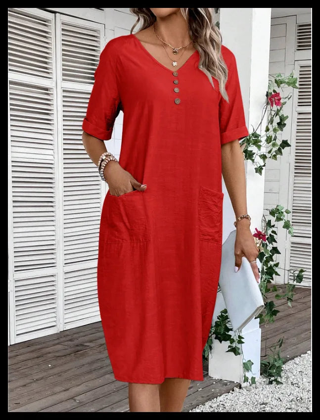 Cotton Linen Casual Women's Dresses 2026 Spring/Summer Holiday Short Sleeve Solid V-neck pokect Large Swing Loose Dress