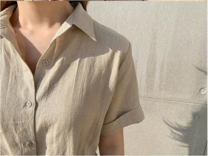 Cotton Linen Women Long Dresses Female New Fashion Loose Clothes Ladies Short Sleeve Turn down Collar Commuting Loose Cardigan