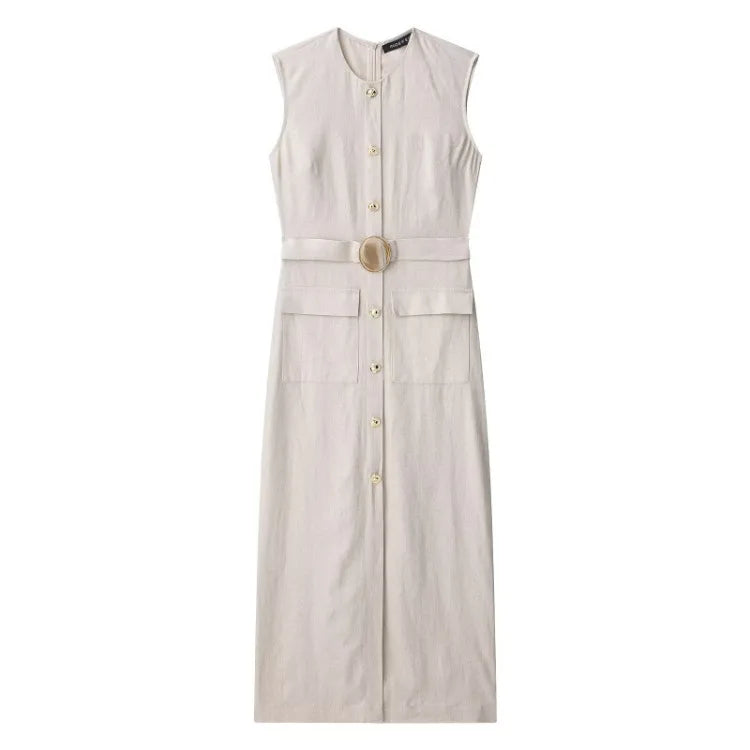 Elegant Linen Blend Belted Sleeveless Midi Dress