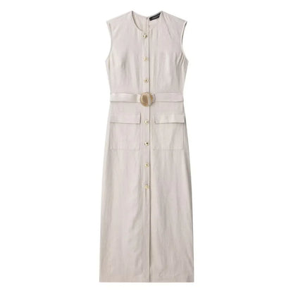 Elegant Linen Blend Belted Sleeveless Midi Dress