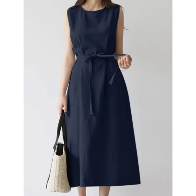 Beige Cotton Linen Belted Long Sleeveless Dress