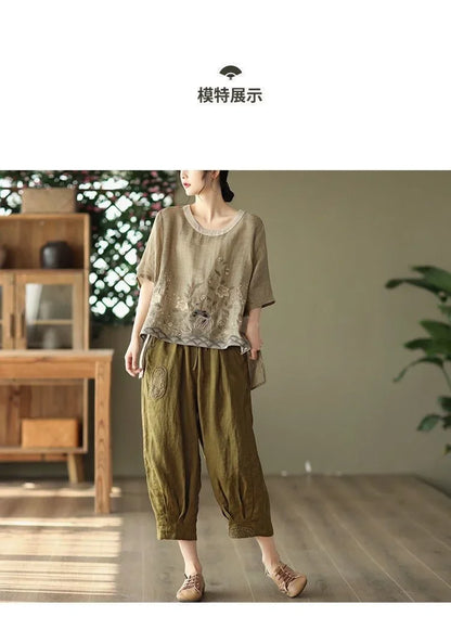 Cotton Linen Blouse Floral Print Womens Tops Spring Summer Literary Retro Embroidery Top Casual Contrast Round Neck Blouses